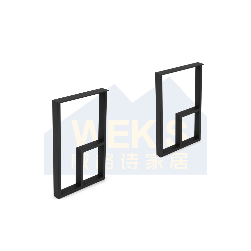 Black powder-coated rectangular metal table legs with inset block