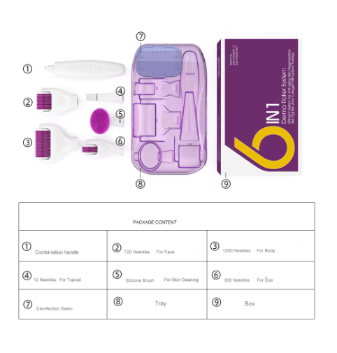 6 in 1 Microneedle Derma Roller Kit for Face Eye Body 300/720/1200 Rolling System Microneedling Facial Roller Beauty Care Tool