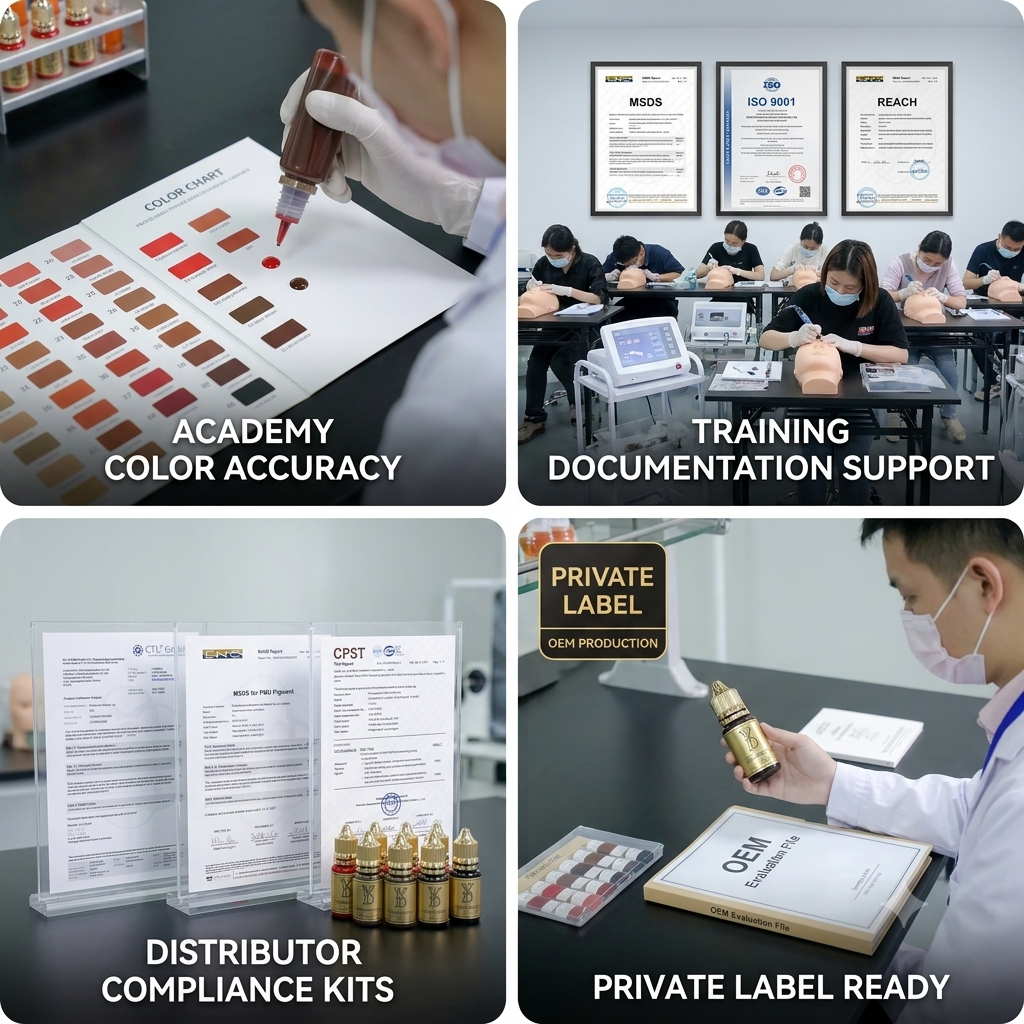 PMU academy training with professional pigment documents and color charts