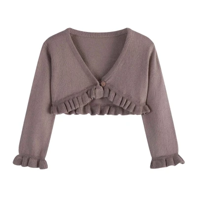 Wholesale  Baby Girl Sweater Crop Top Long Sleeve Ruffled One Button Cute Outwear Kids Fall Shrug