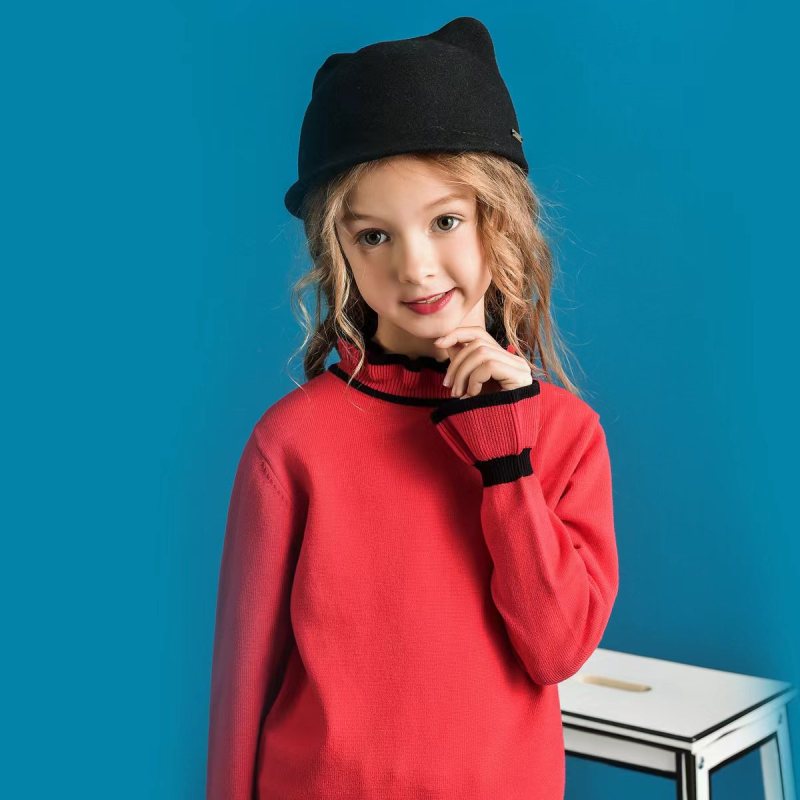 Camiz.kids Girls's Pullover Contrast Color Sweaters With High Quality High Twist Cotton By Chinese Supplier