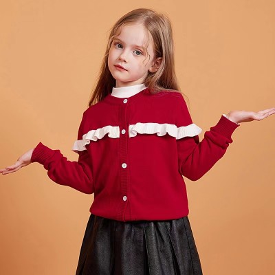 Custom Girls's  Flounces Cardigans Sweaters With High Quality BCI Cotton/Cashmere By Chinese Factory