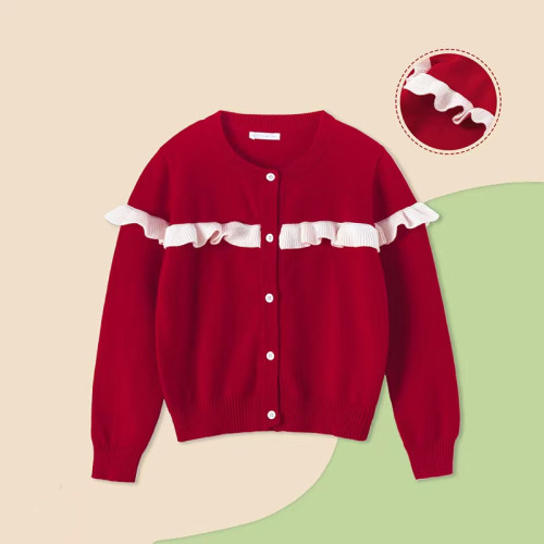 Custom Girls's  Flounces Cardigans Sweaters With High Quality BCI Cotton/Cashmere By Chinese Factory