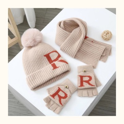 Custom Design Winter Cotton Cashmere Pompom Beanie Hats Scarf Glove Set for Boys Girls From China