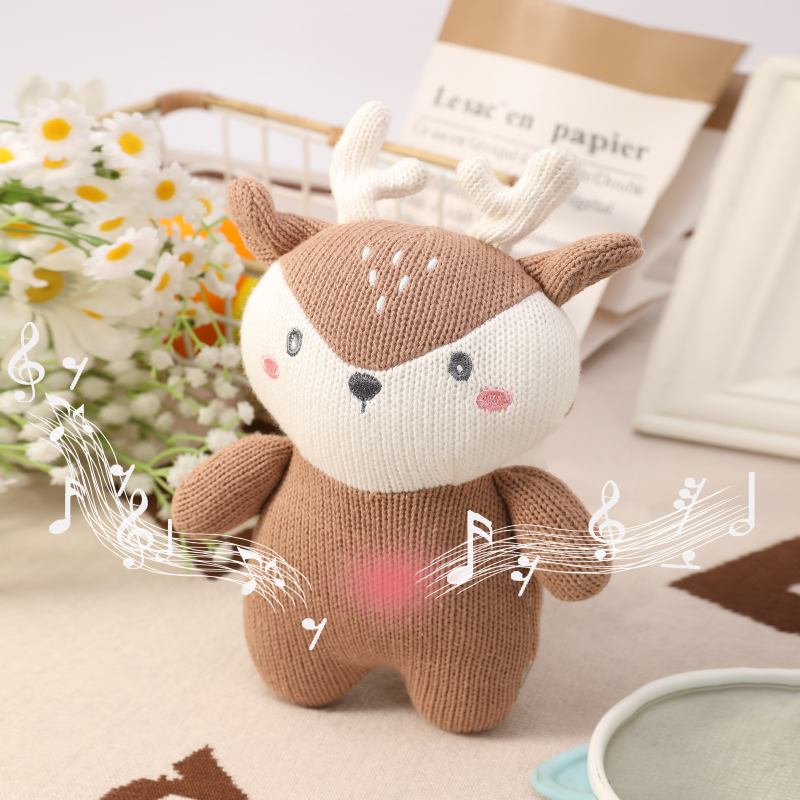 Custom Knitted Deer Musical Baby Soother Plush Toy, Light‑Up Infant Sleep Comforter,private label baby toy