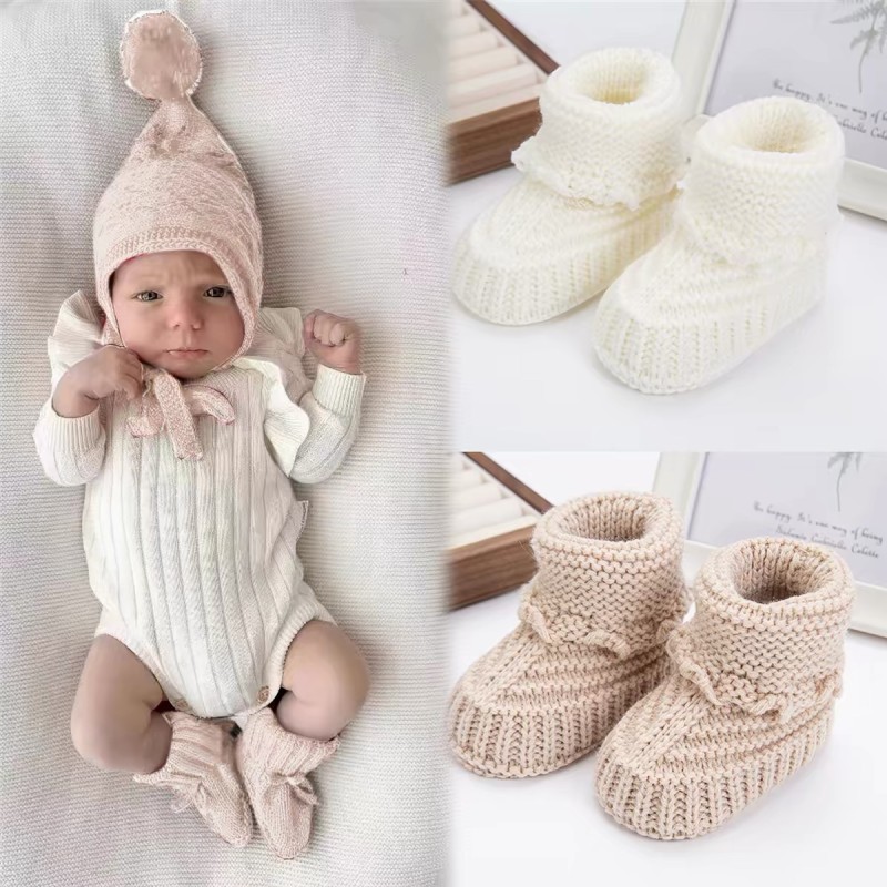 Custom Cashmere Knitted Newborn Booties, Soft Ruffle Baby Knit Slippers baby cashmere knit booties