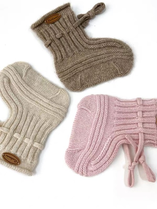 Custom Cashmere Knitted Newborn Socks, Mid‑Calf Leather Label Baby Knit Socks
