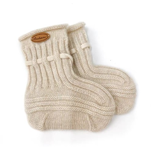 Custom Cashmere Knitted Newborn Socks, Mid‑Calf Leather Label Baby Knit Socks