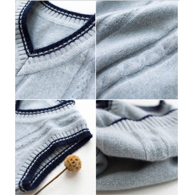 Wholesale Boy V-Neck Cashmere Grey Cable Knitting Gilet With Strip China Vendor