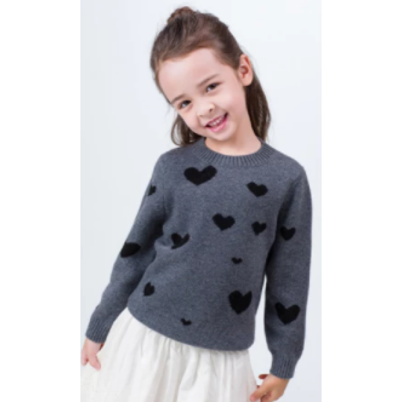 Custom Design Kid Grey Cashmere Sweater With Heart Pattern And Round Neck Wholesale