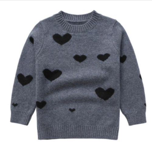Wholesale Custom Design Kid Girl Round Neck  Grey Cashmere Sweater With Heart Pattern