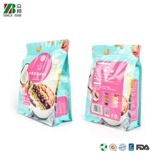 Custom Printed Mix Fruits Candy Milk Powder Nut Oatmeal Plastic Box Bottom Food Packing Pouch with Zipper