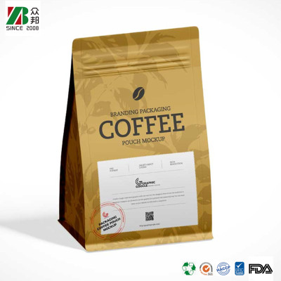 Custom Design Resealable Square Bottom Metalized Flexible Packaging Quad Seal Ground Coffee Powder Tea Leaves Food Packaging Bag with Side Seal Zipper