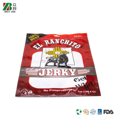 FDA Certificate Custom Printed Three Sided Seal Transparent Beef Jerky Dried Meat Snack Food Packing Ziplock Bag with Window