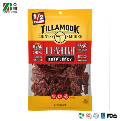 FDA Certificate Custom Printed Three Sided Seal Transparent Beef Jerky Dried Meat Snack Food Packing Ziplock Bag with Window