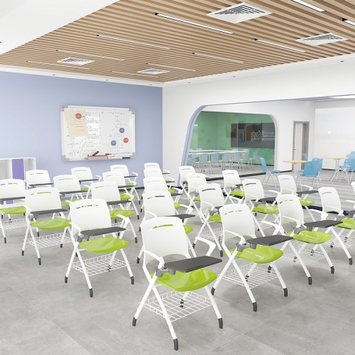 Chaise de formation scolaire pliante directe d'usine avec roulettes de tablette d'écriture chaise empilable en plastique pour la conférence des étudiants en classe