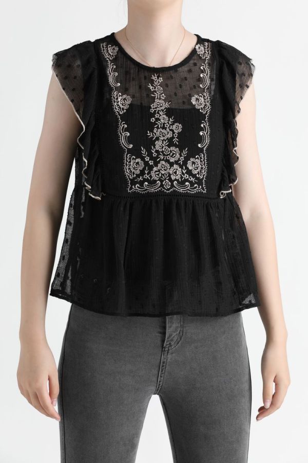 213285 Lace Insert Chiffon Sleeveless Ruffle Top