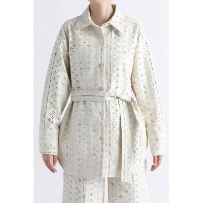 215012 Hollow-out cardigan Coat with Waistband