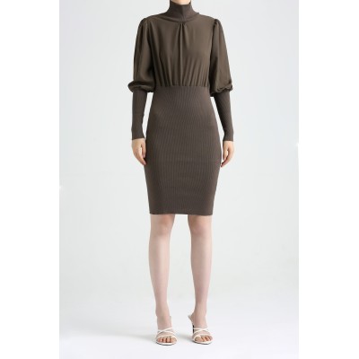 220002 Long Sleeve Knitted Dress with High-Neck