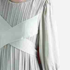 214116 Crinkled Belted Mid Sleeve Dress