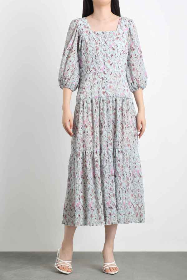 225021 Vestido Escote Cuadrado Plisado Estampado