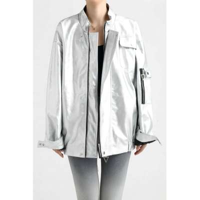 223006 Sliver Leather Coat with Strap