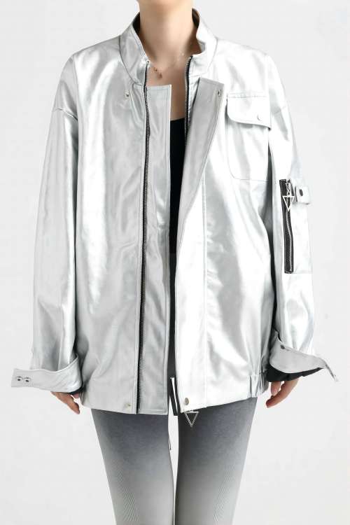 223006 Sliver Leather Coat with Strap