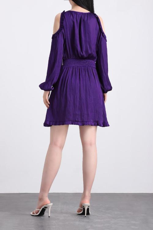 Violet Deep V Off Shoulder Long Sleeve Waist Dress