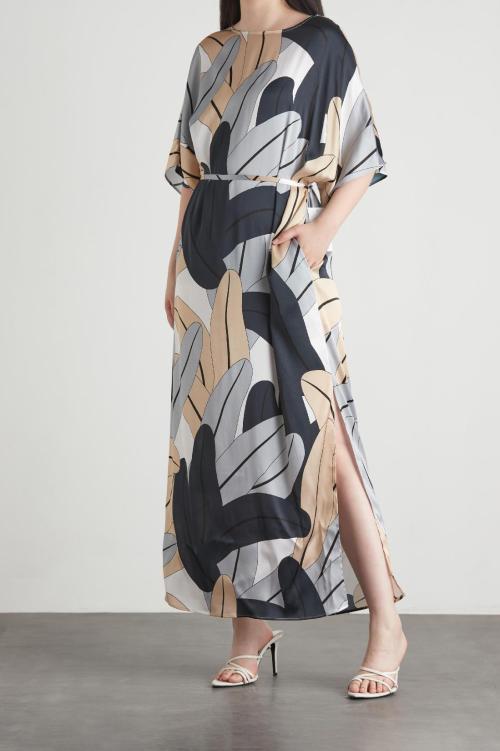 Grey Card Multi Color Leaf Print Drop Shoulder Short Sleeve Dress