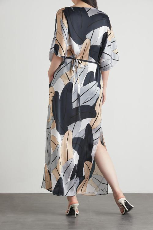 Grey Card Multi Color Leaf Print Drop Shoulder Short Sleeve Dress
