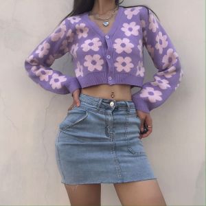 Custom cropped flower print V-neck cardigan with buttons.