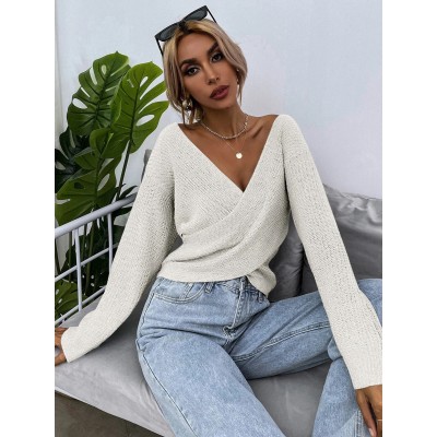 Solid V-neck long sleeves pullover