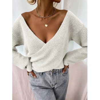 Solid V-neck long sleeves pullover
