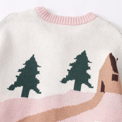 OEM winter Autumn relaxed Ladies Sweater landscape painting Patterns Jacquard cardigan sweater