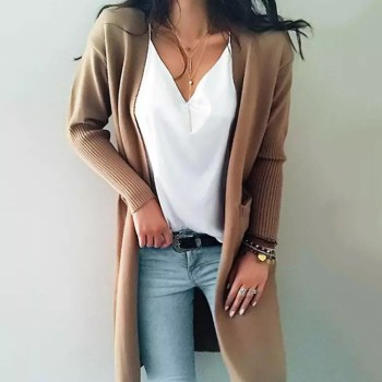 Autumn Knitwear Women Loose Long Pocket Lady Cardigan Sweater