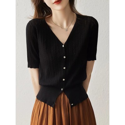 Ice Silk Knitted Cardigan Hollow Short Sleeve Coat Summer Thin Loose Half Sleeve Top