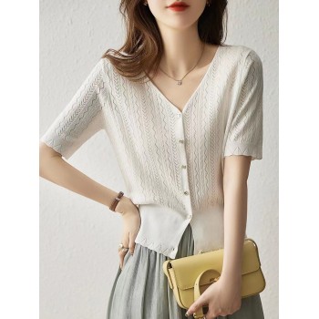 Ice Silk Knitted Cardigan Hollow Short Sleeve Coat Summer Thin Loose Half Sleeve Top