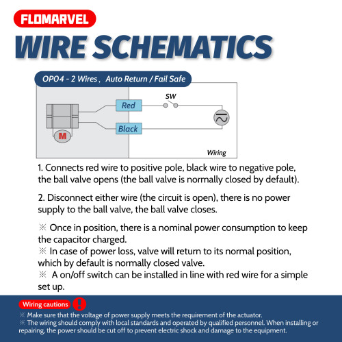 OP04 Wiring - 12v 24v, 2 Wires, power on-open, power off-close electric motorized water ball valve