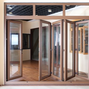 Customized Aluminium Clad Timber Folding Door, Double Glass, Heat Insluation, Soundproof, For Living Room, Villa and Balcony