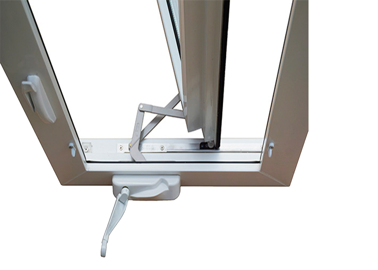 Awning window hardware and weather seal detail