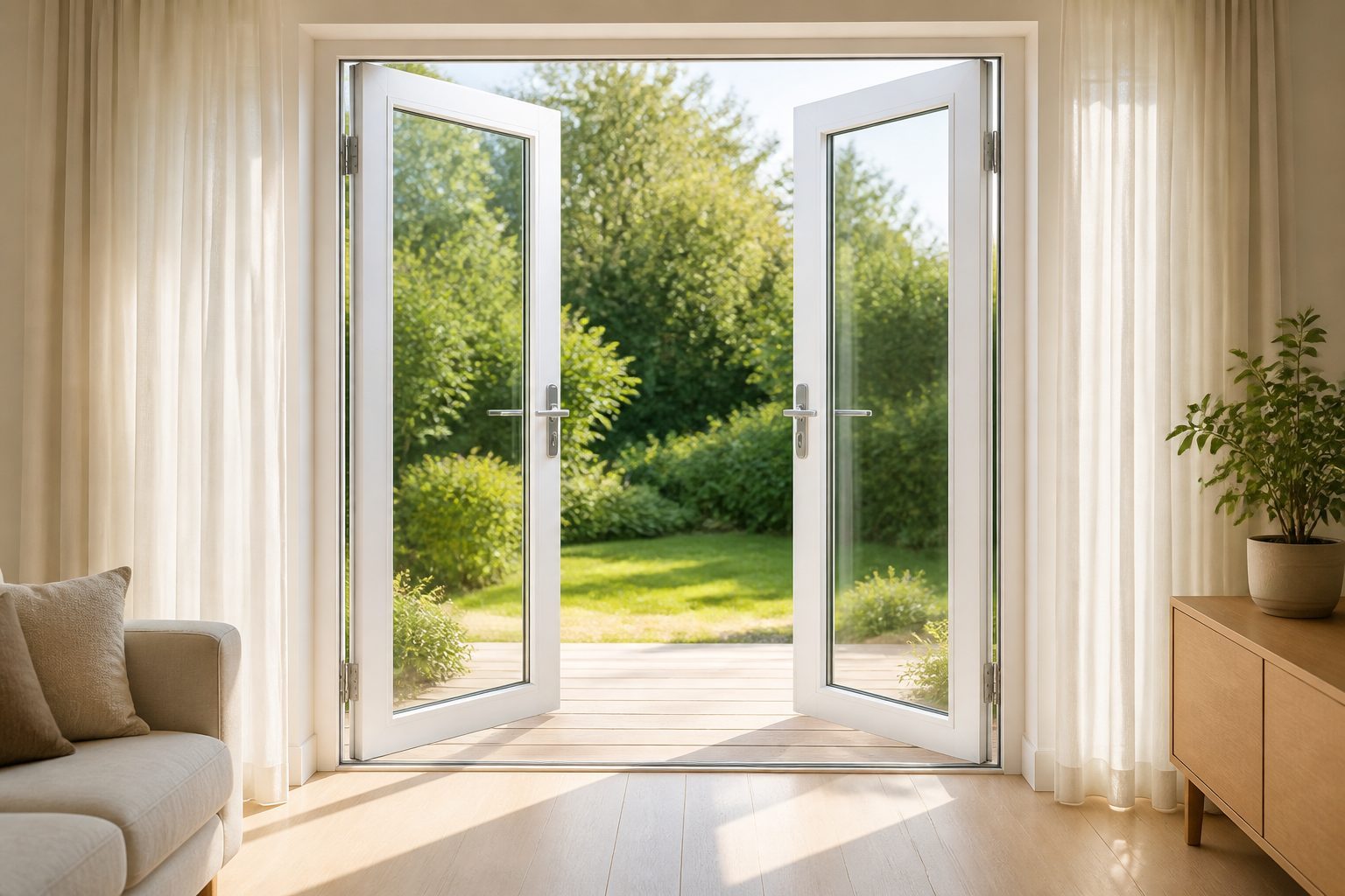 uPVC French doors opening to a garden terrace