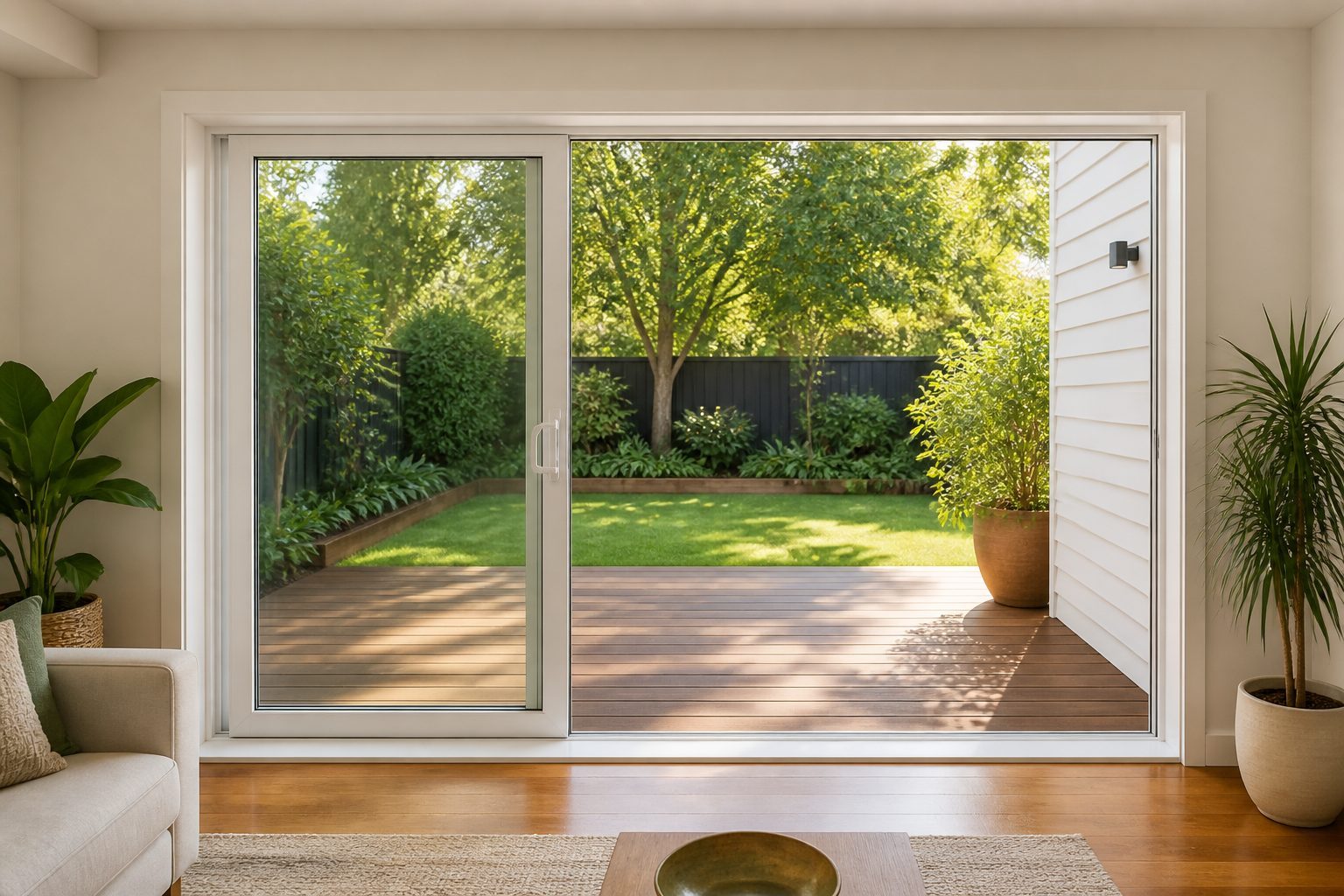 White uPVC sliding patio doors leading to a backyard deck