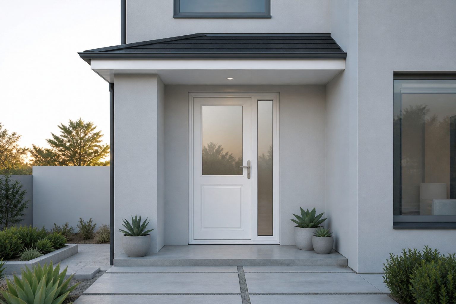 White uPVC front entry door on a modern house facade