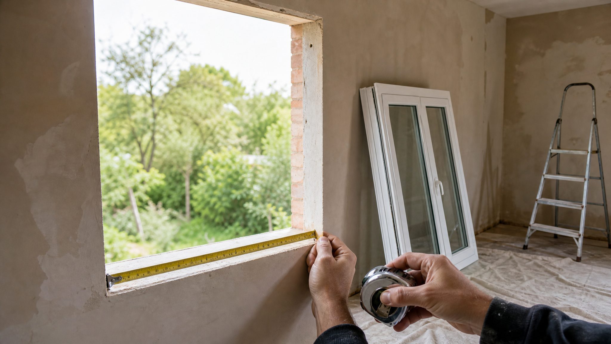 Measuring a window opening with a tape measure during a home renovation, new white uPVC window unit beside it