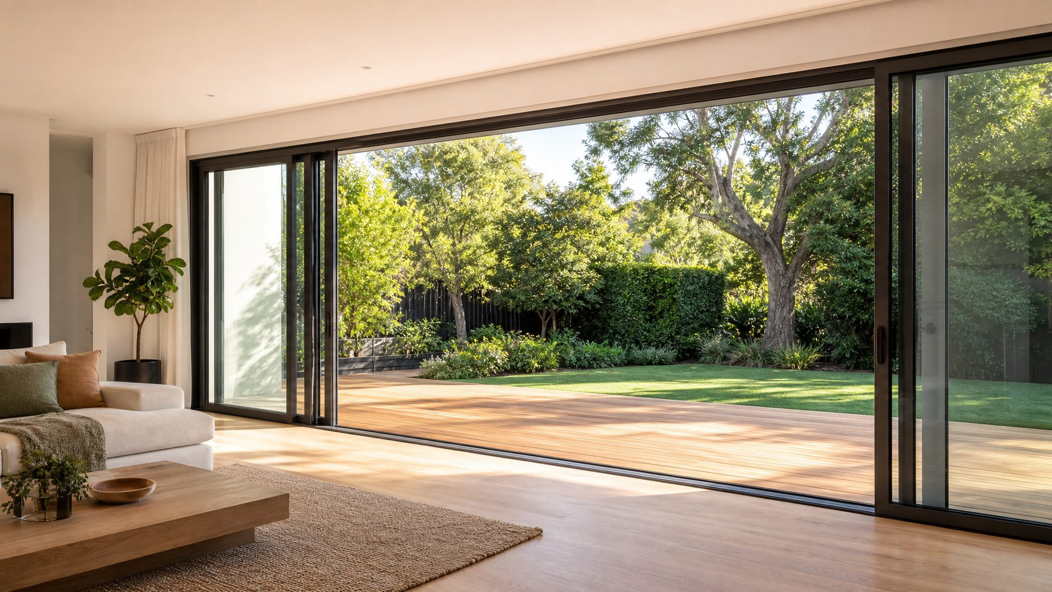 Modern living room with a wide aluminium lift-and-slide glass door opening to a timber deck and garden