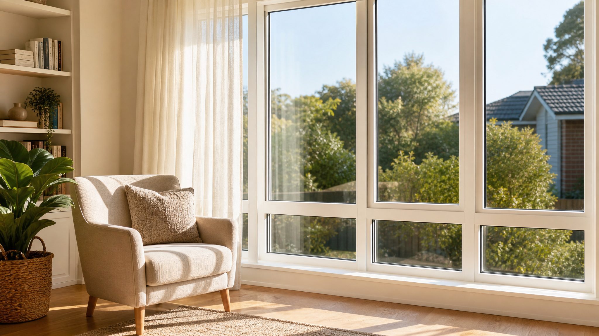 Cozy Australian interior with large white uPVC double-glazed windows in soft morning light