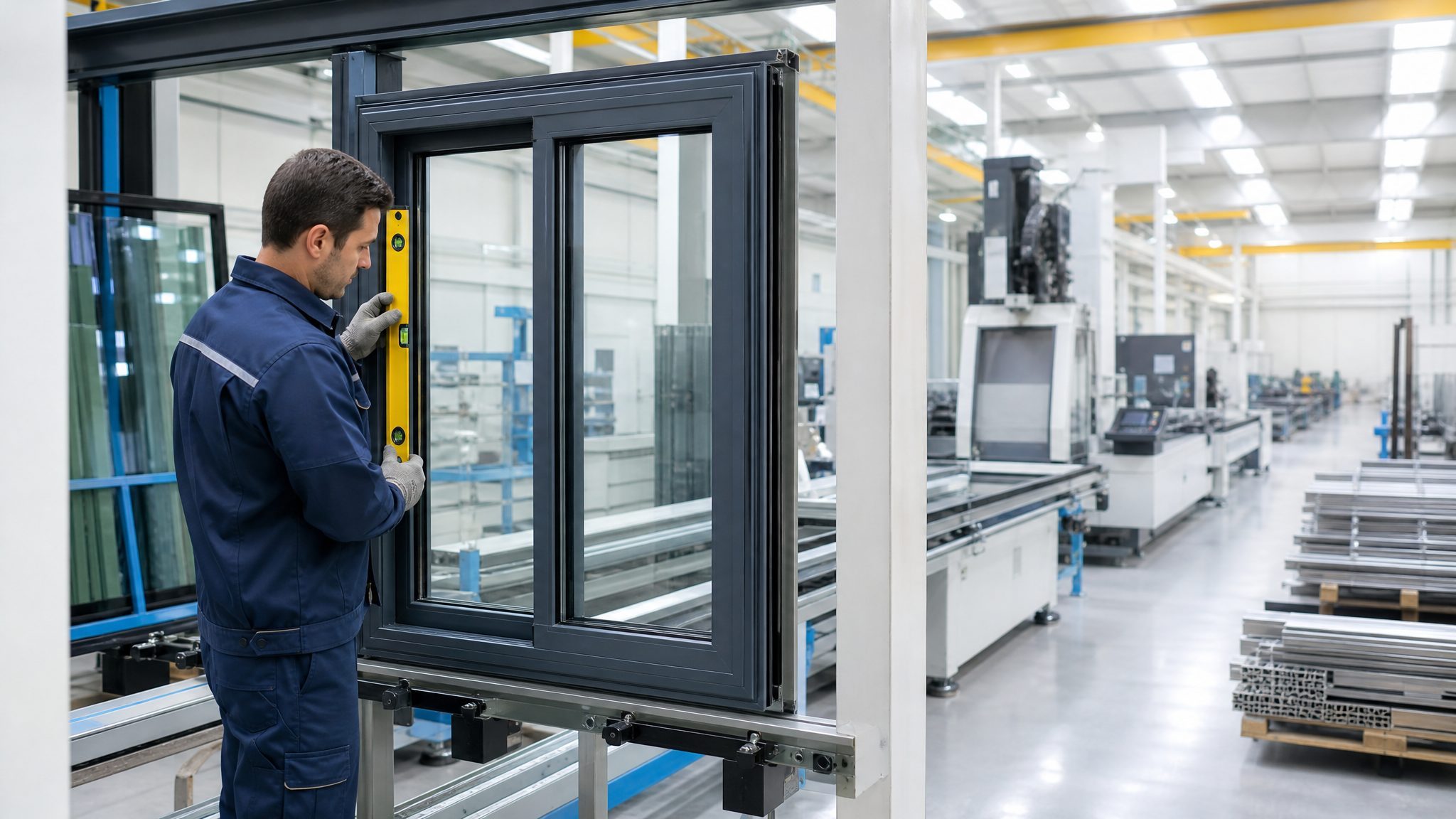 Quality inspection of a finished aluminium window unit in a modern factory