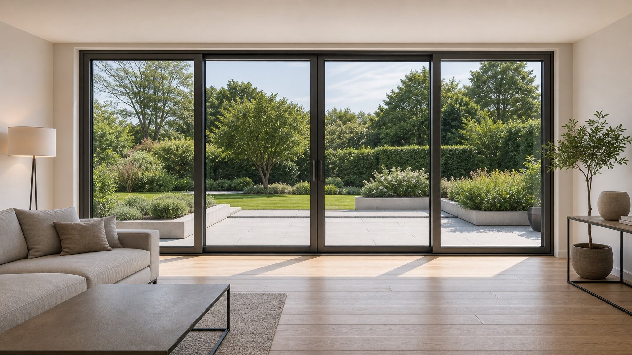 Modern living room with a closed aluminium lift and slide door