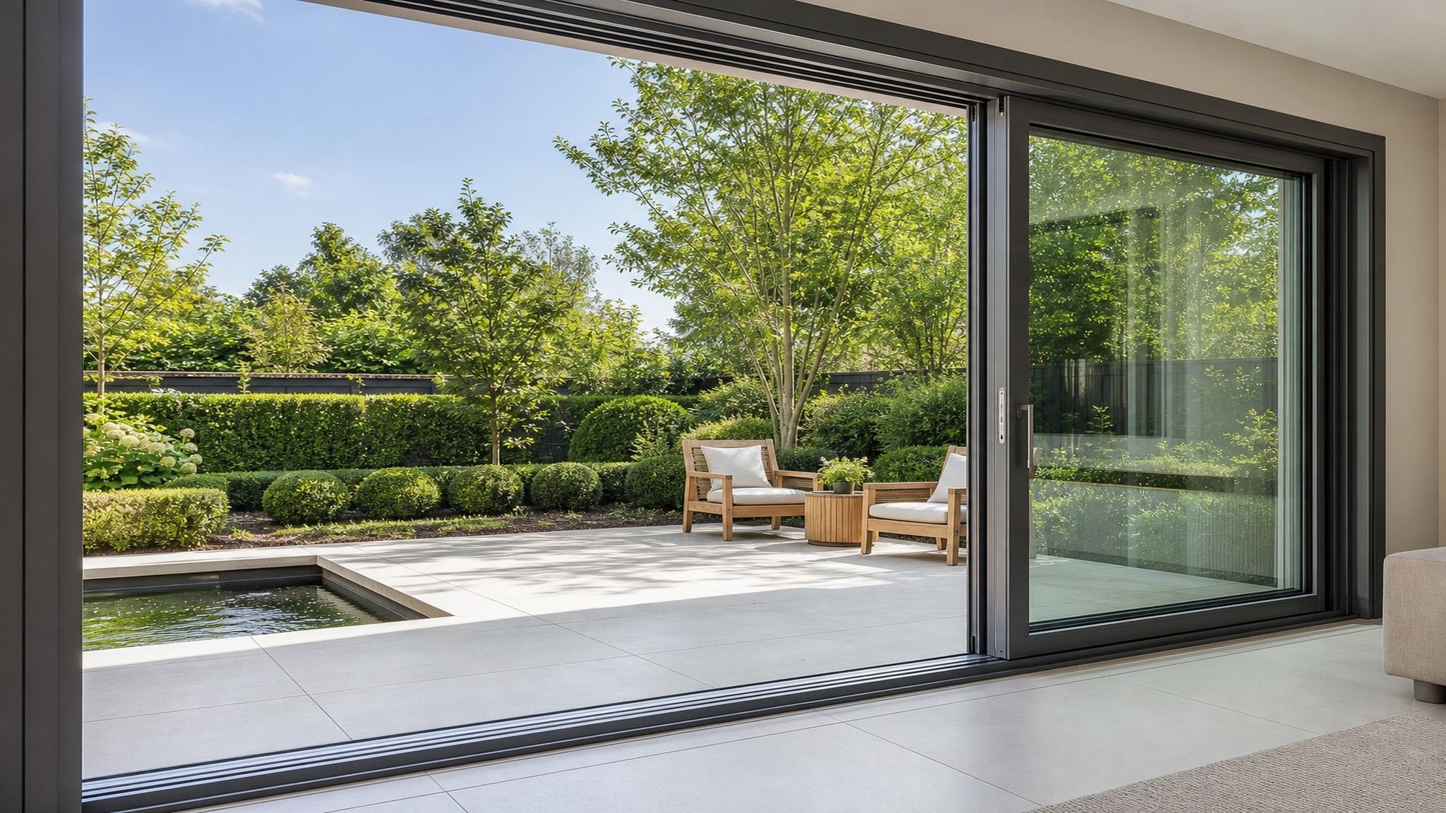 Aluminium lift and slide door with the panel slid open on its floor track