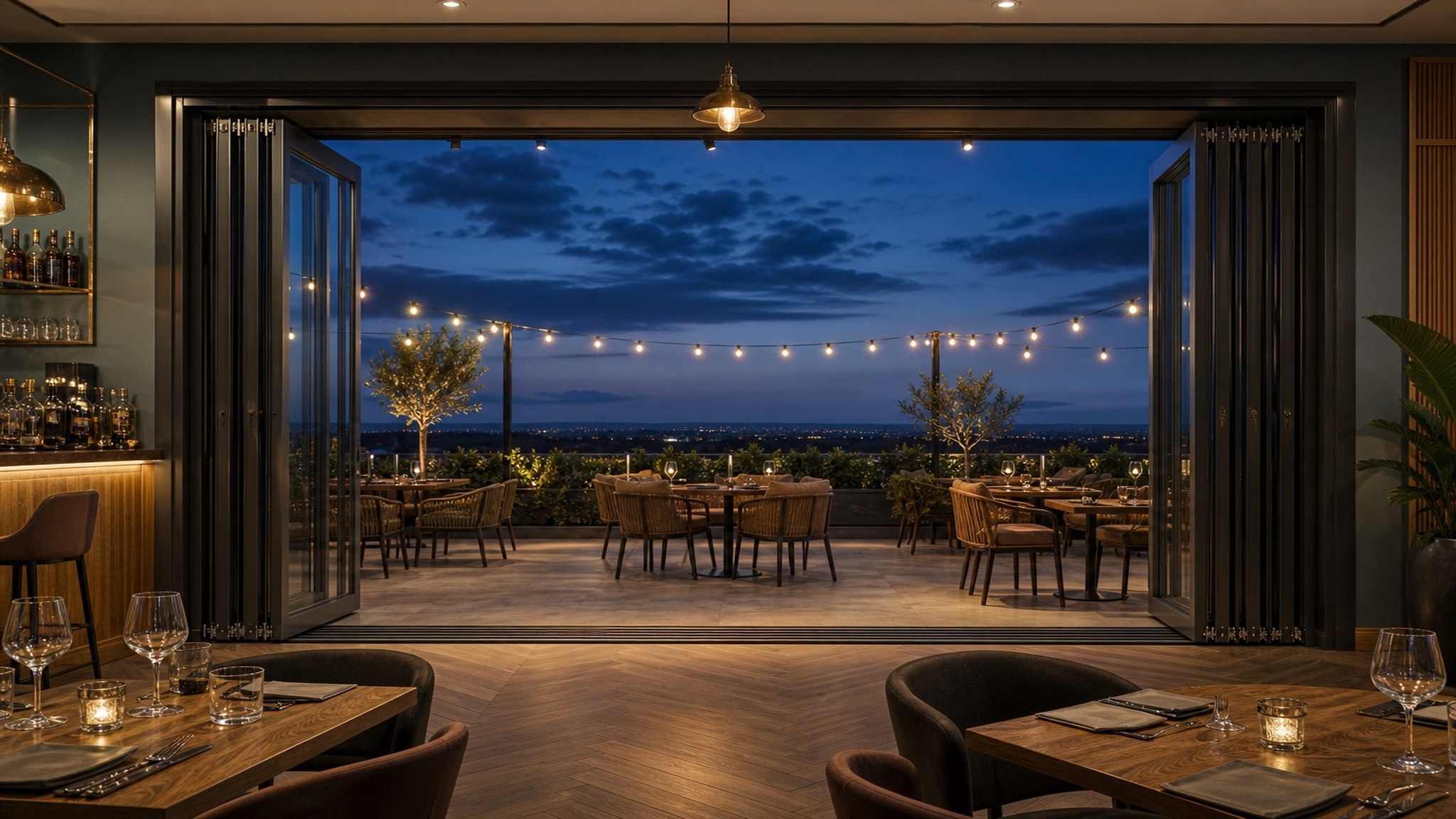 Restaurant facade with aluminium lift and slide door panels stacked open